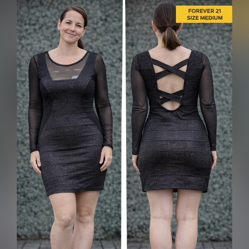 Forever 21 Black Glitter Backless Dress MEDIUM pit to pit 13in length 32in